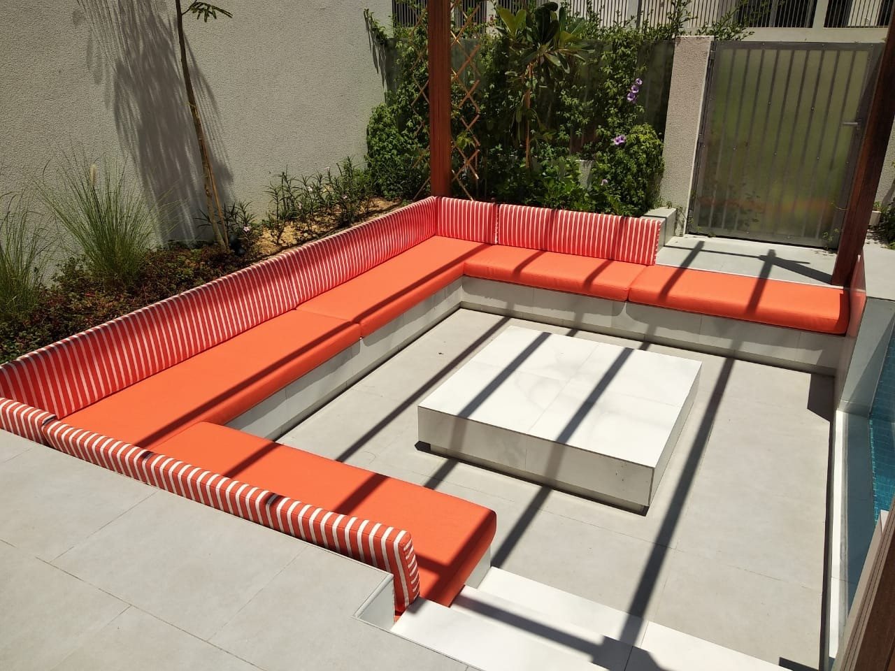 Pool side cushions using Sunbrella and Sun-proof outdoor fabric 